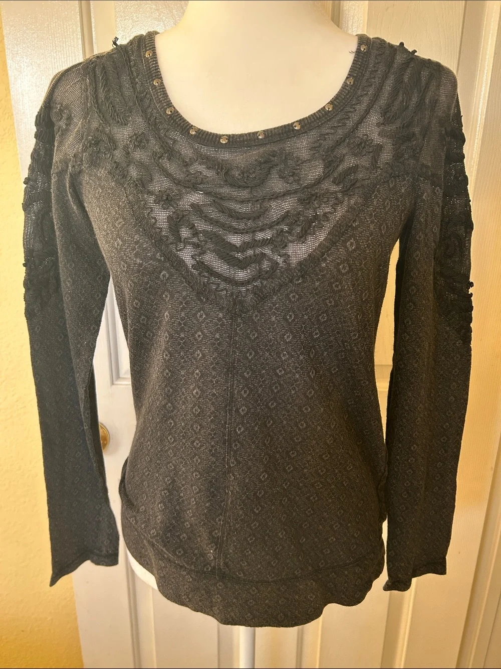 Free People Black Embroidered Lace Yoke Long Sleeve Top
